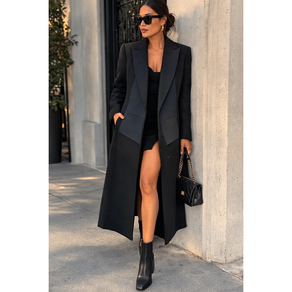 Marchesa Voyage‎ Long Wool Blend Tuxedo Overcoat Women 4 Black Blue Trim